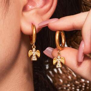 1 Pair Classic Angel Stainless Steel Waterproof Gold Color Zircon Women's Drop Earrings h5 Picture5