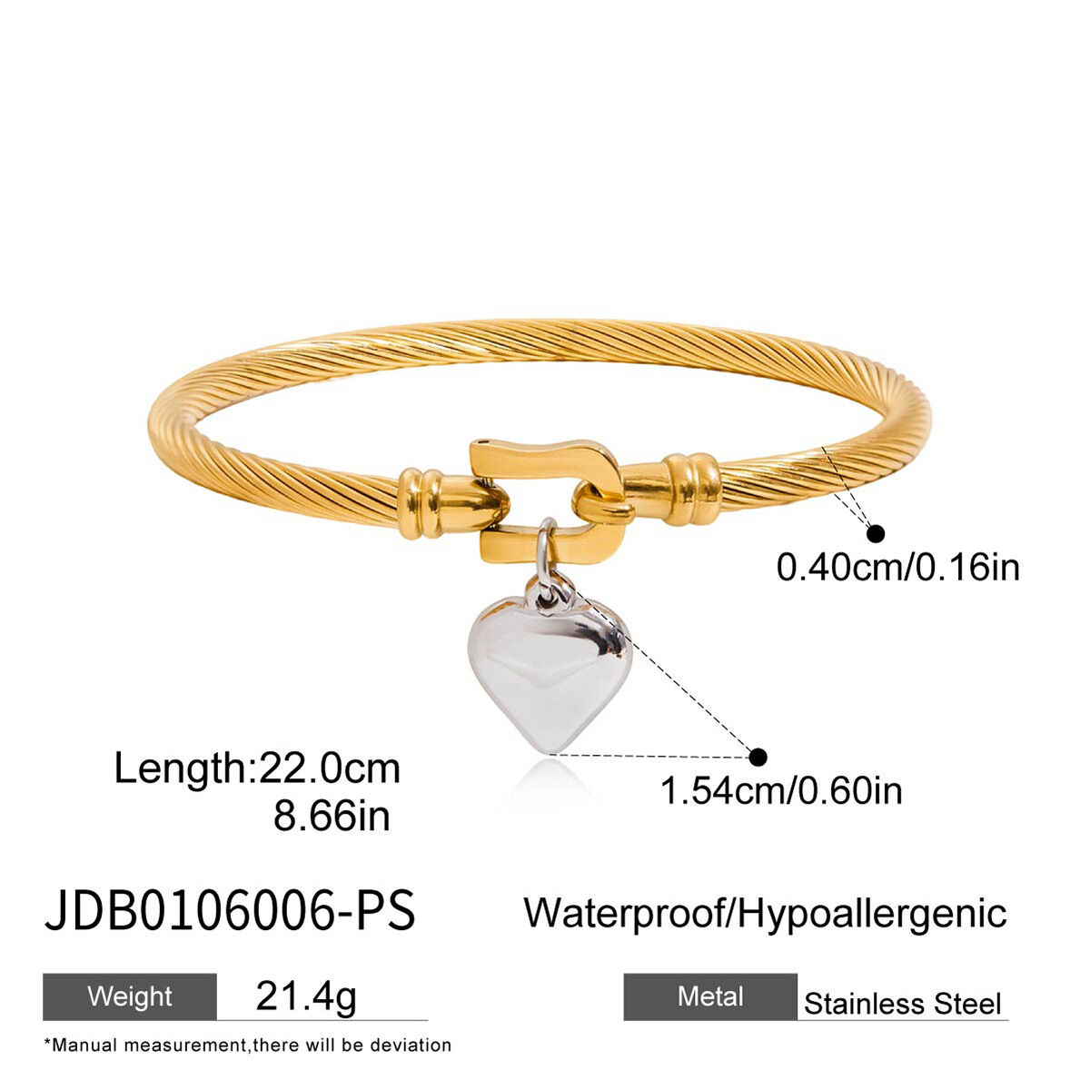 1 Stück schlichter herzförmiger Armreif aus Edelstahl, wasserdicht, gold- und silberfarben, für Damen Bild2