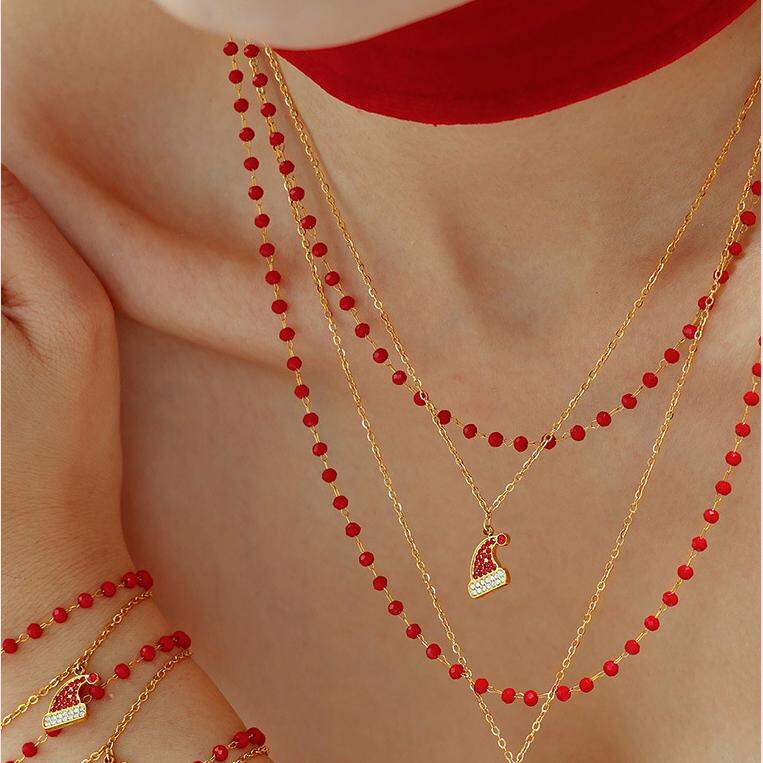 Santa Hat Stainless Steel Waterproof Gold Color Zircon Women's Jewelry Sets