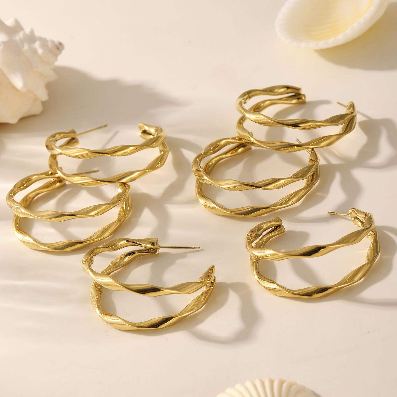 1 Pair Double Circle Stainless Steel Waterproof Gold Color Women's Hoop Earrings h5 Picture6