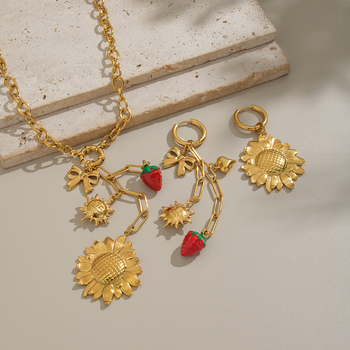 Romantic Flower Strawberry Stainless Steel Waterproof Gold Color Necklace Set