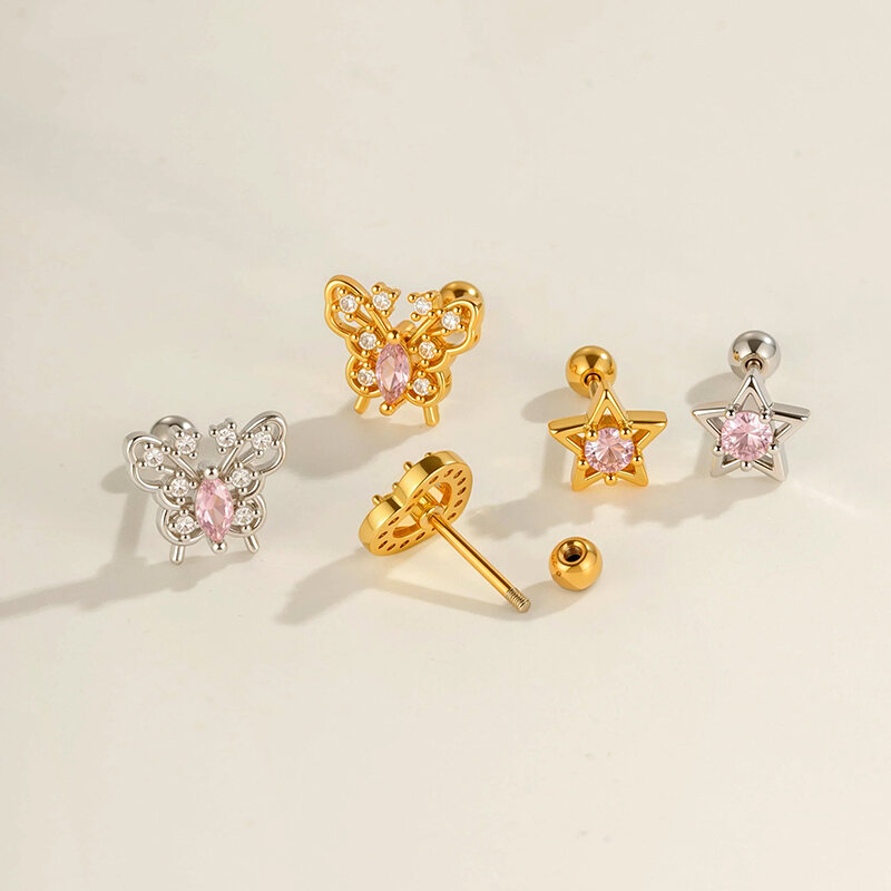 1 Adet Kalp Kelebek Bakır Altın Rengi Zirkonyum Piercing Küpe 2