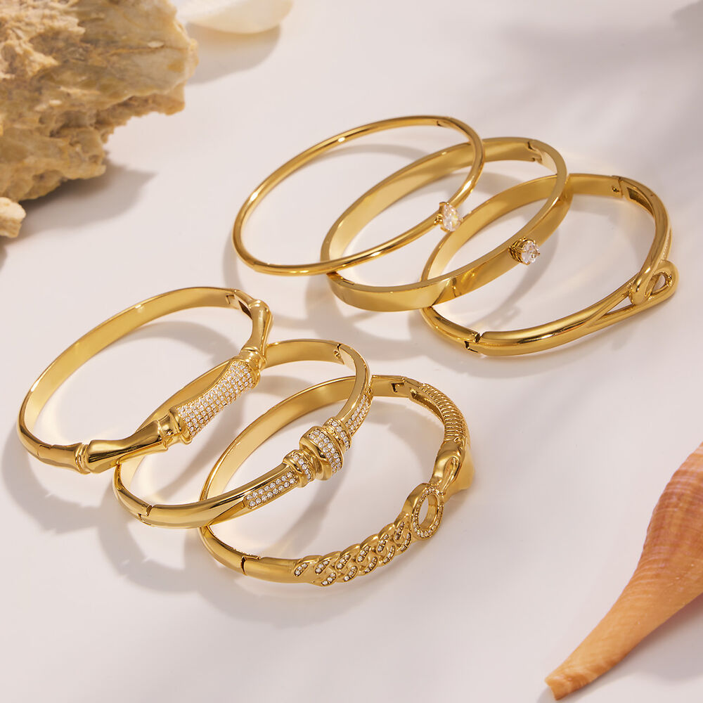 1 Piece Designable Irregular Shape Twist Stainless Steel Waterproof Gold Color Zircon Women's Bangles h5Picture3