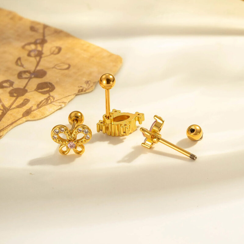 1 Parça Kalp Fiyonk Düğüm Kelebek Bakır Altın Rengi Zirkonyum Piercing Küpe h5Resim3