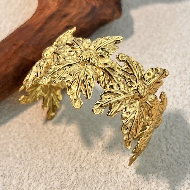 1 Piece Flower Stainless Steel Waterproof Gold Color Cuff Bracelet 2