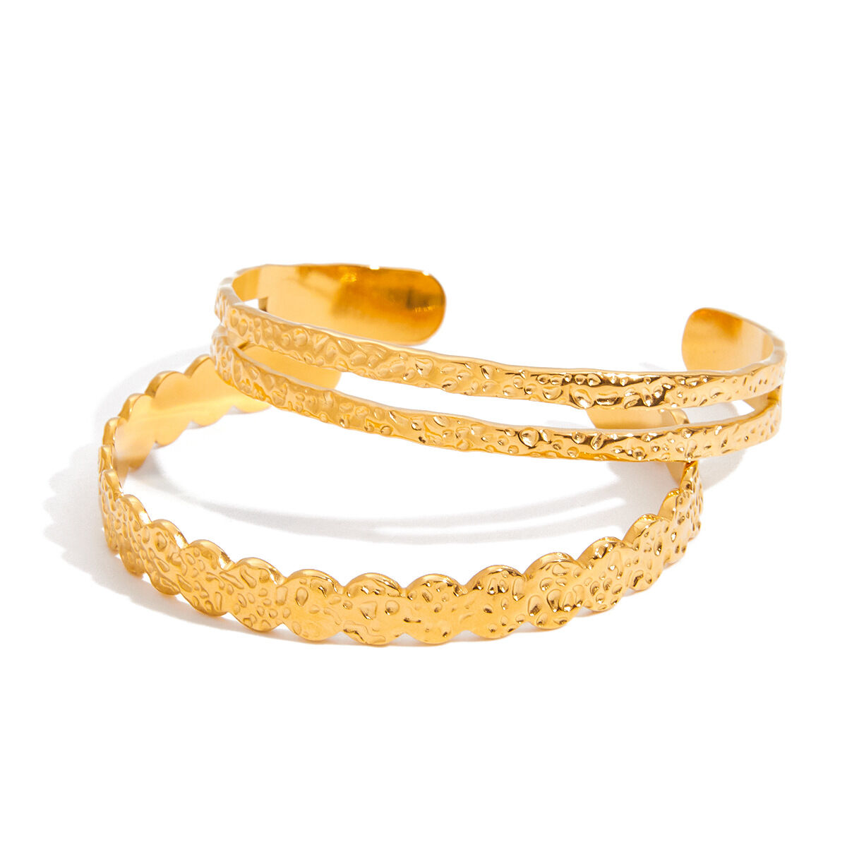 1-teiliges, rundes, gehämmert strukturiertes, wasserdichtes Armreif-Armband aus Edelstahl in Goldfarbe für Damen h5 Bild9