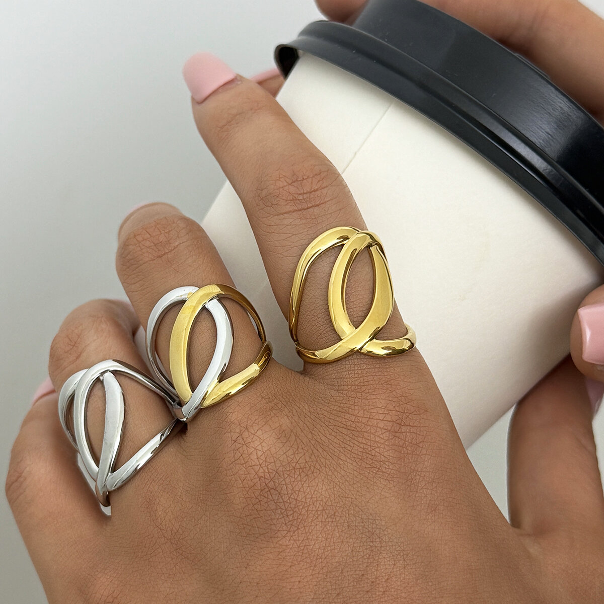 1 Piece Simple Overlap Circle Shape Stainless Steel Waterproof Gold Color Statement Rings