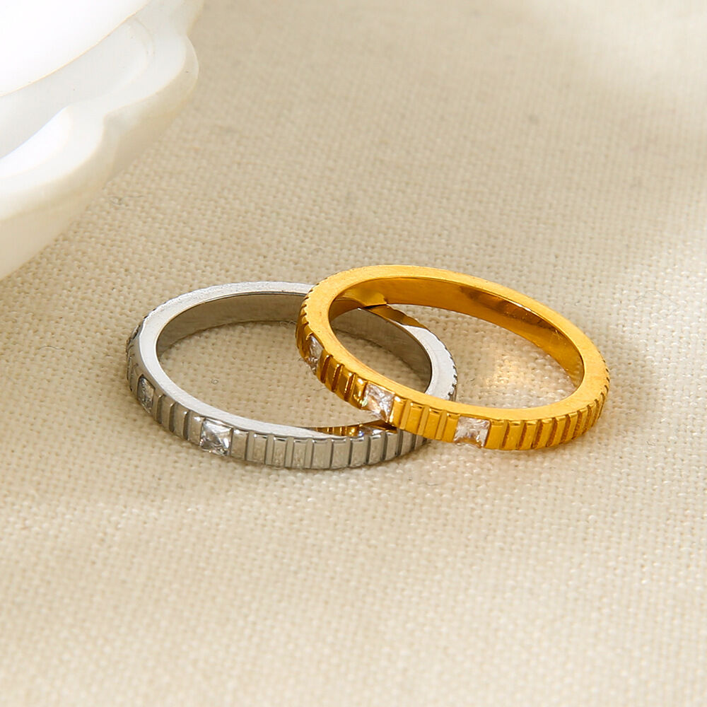 1 Piece Simple Lines Stainless Steel Waterproof Gold Color Zircon Minimalist Ring