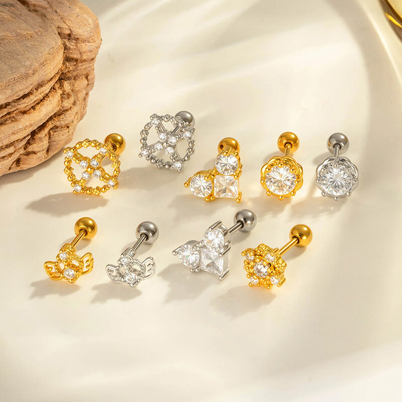 1 Piece Heart Star Copper Gold Color Zircon Piercing Earring