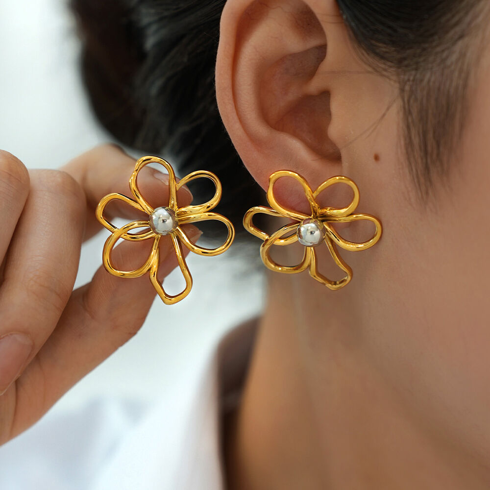 1 Pair Simple Natural Flower Stainless Steel Waterproof Gold Color Women's Stud Earrings h5Picture4