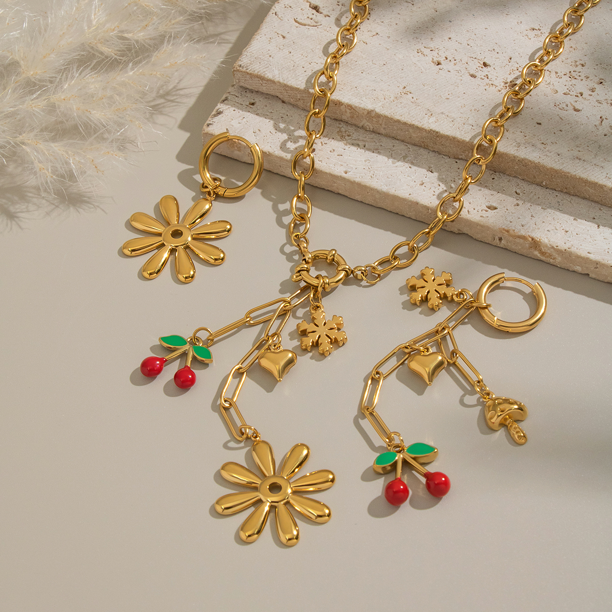 Romantic Flower Cherry Stainless Steel Waterproof Gold Color Necklace Set