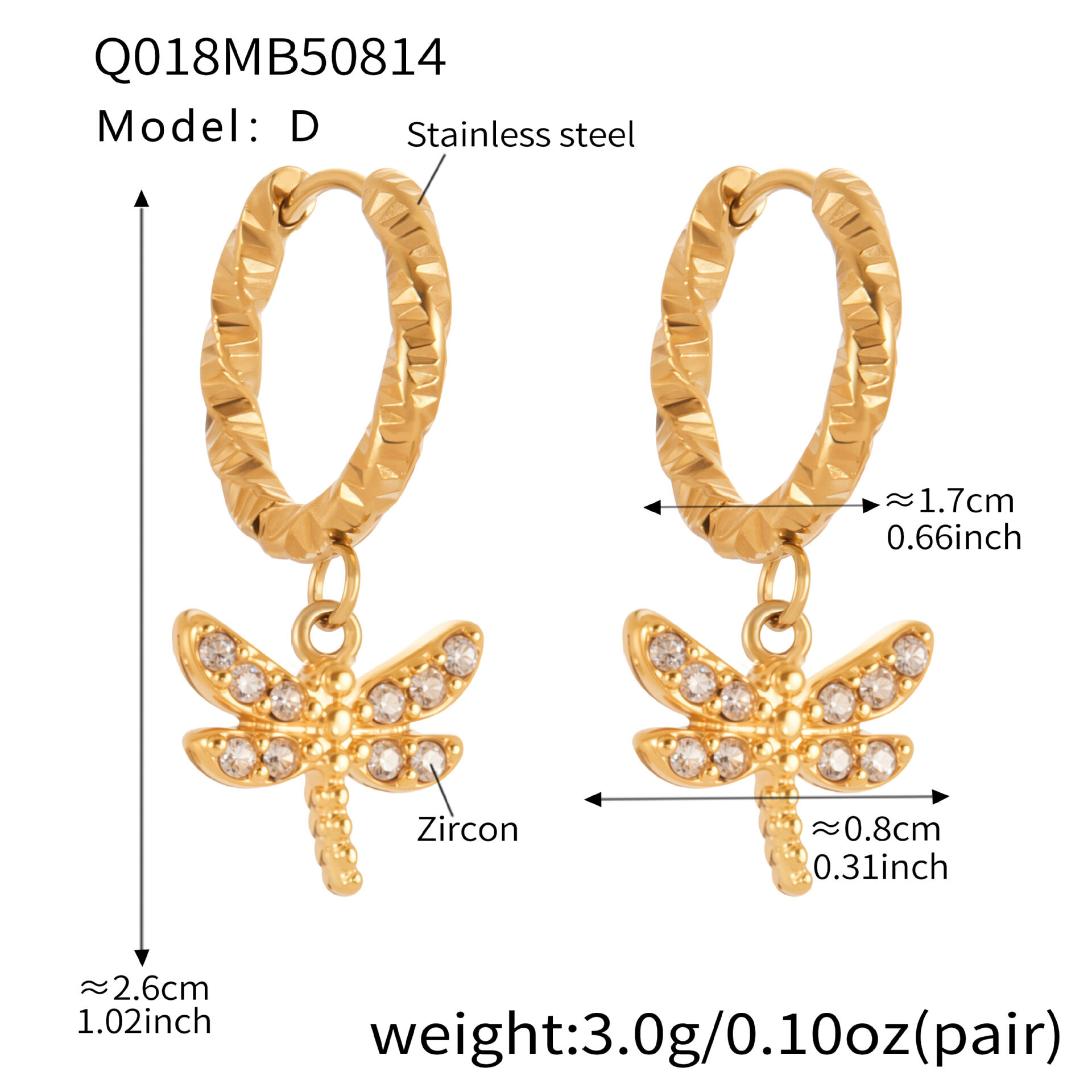 Q018-D Gold Pattern Small Dragonfly Earrings Picture4