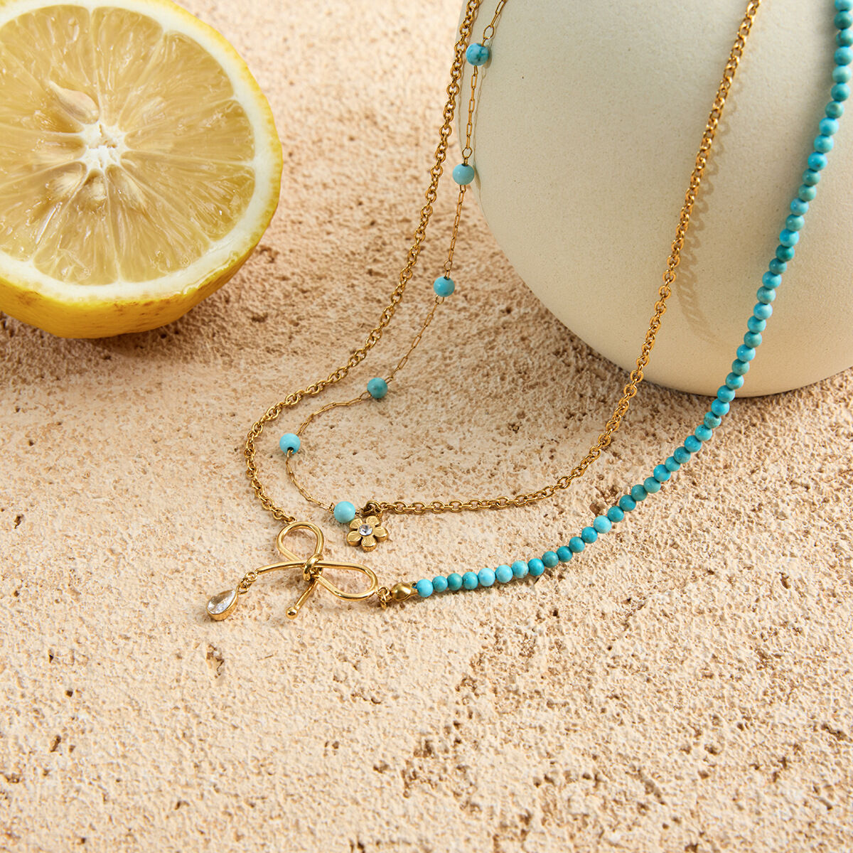 1 Piece Elegant Bow Knot Beads Stainless Steel Waterproof Gold Color Women's Layered Necklaces Picture6