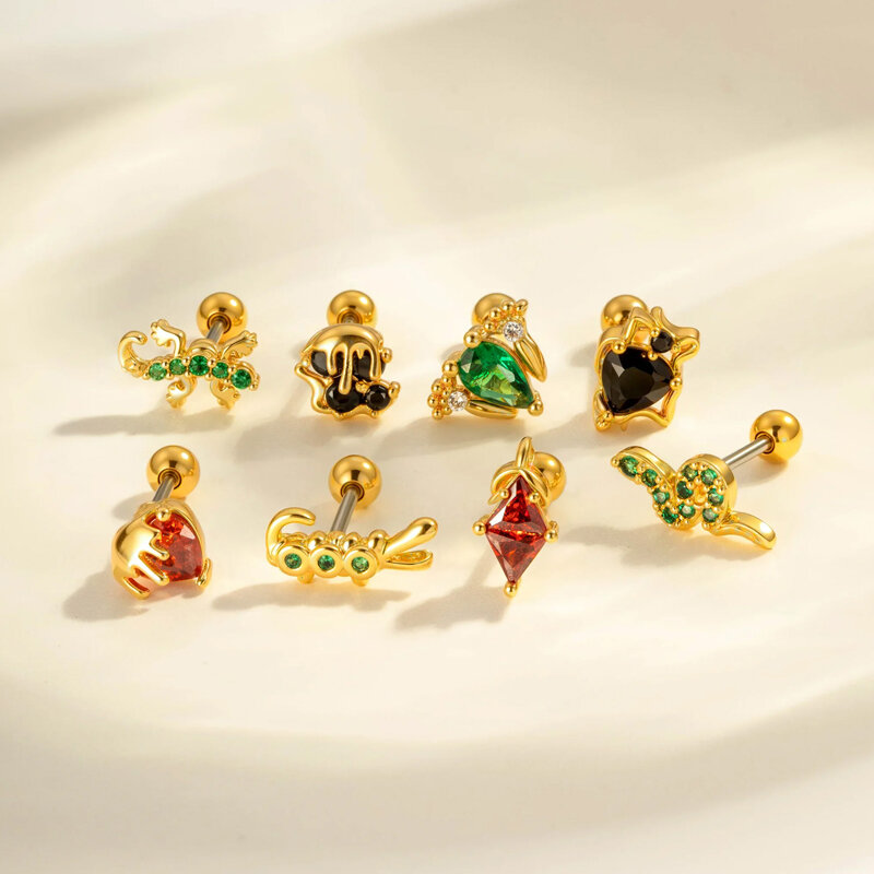 1 Parça Kalp Hayvan Bakır Altın Renkli Zirkonyum Piercing Küpe