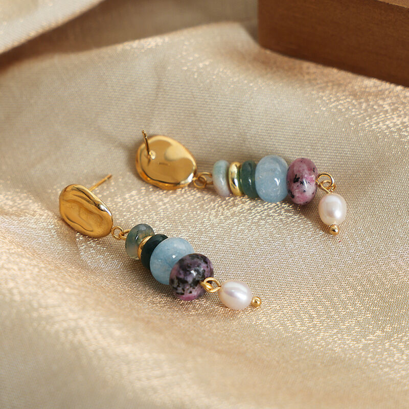 1 paio di orecchini pendenti da donna in acciaio inossidabile, impermeabili, color oro, con perline di pietra naturale personalizzabili h5Immagine4