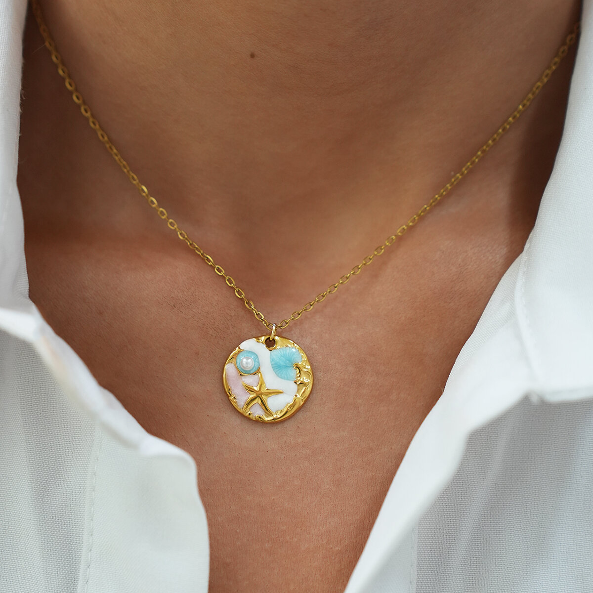 Collana con ciondolo da donna color oro impermeabile in acciaio inossidabile con cerchio oceanico, 1 pezzo h5 Immagine5