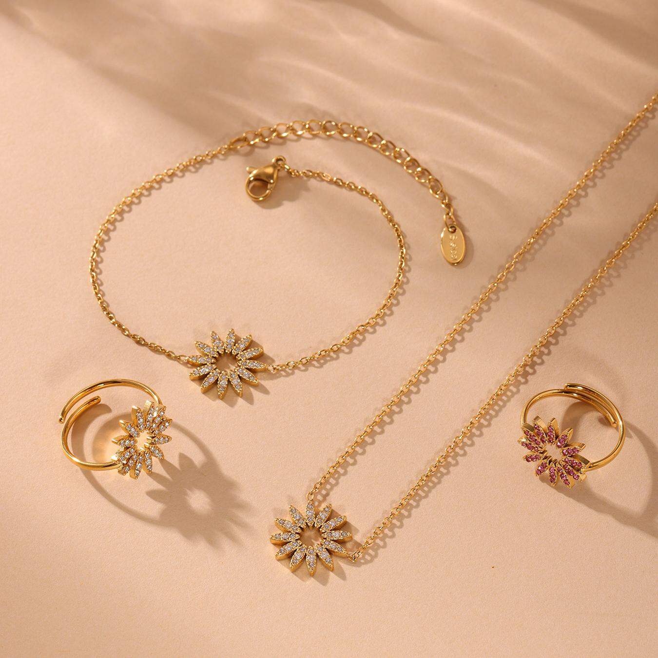 Luxurious Sun Stainless Steel Waterproof Gold Color Women's Jewelry Sets 2