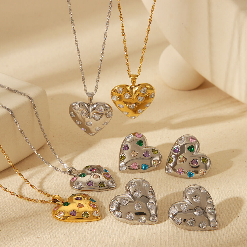 Set di gioielli da donna in acciaio inossidabile con zirconi impermeabili e cuore romantico da 1 pezzo 2