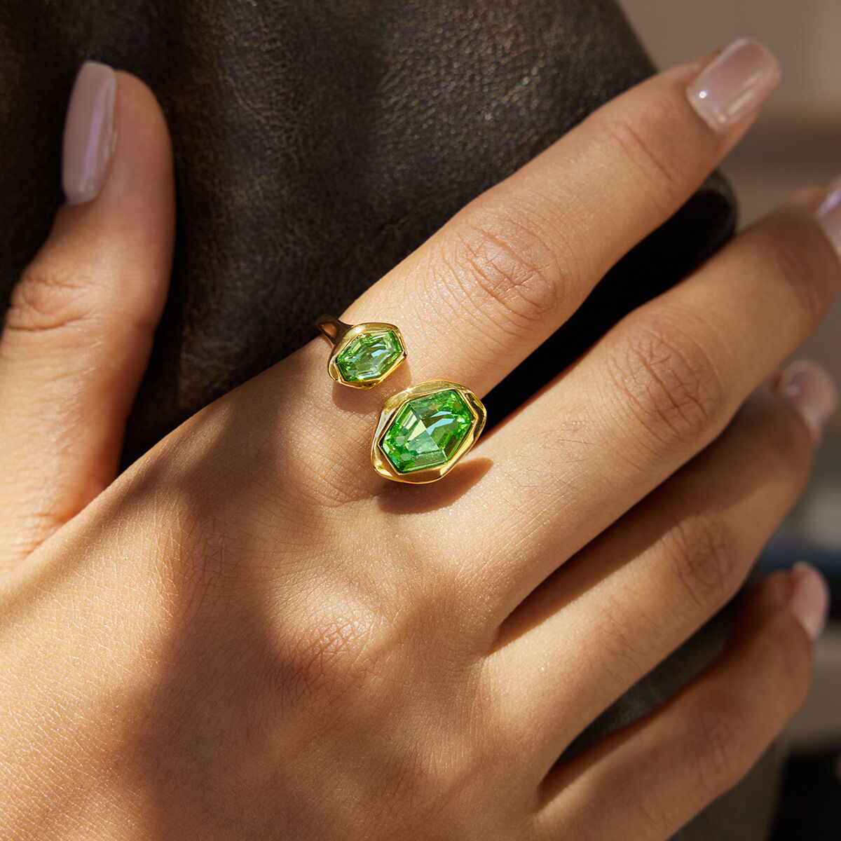 1 Piece Hexagon Green Shape Zircon Stainless Steel Waterproof Gold Color Women's Gemstone Rings