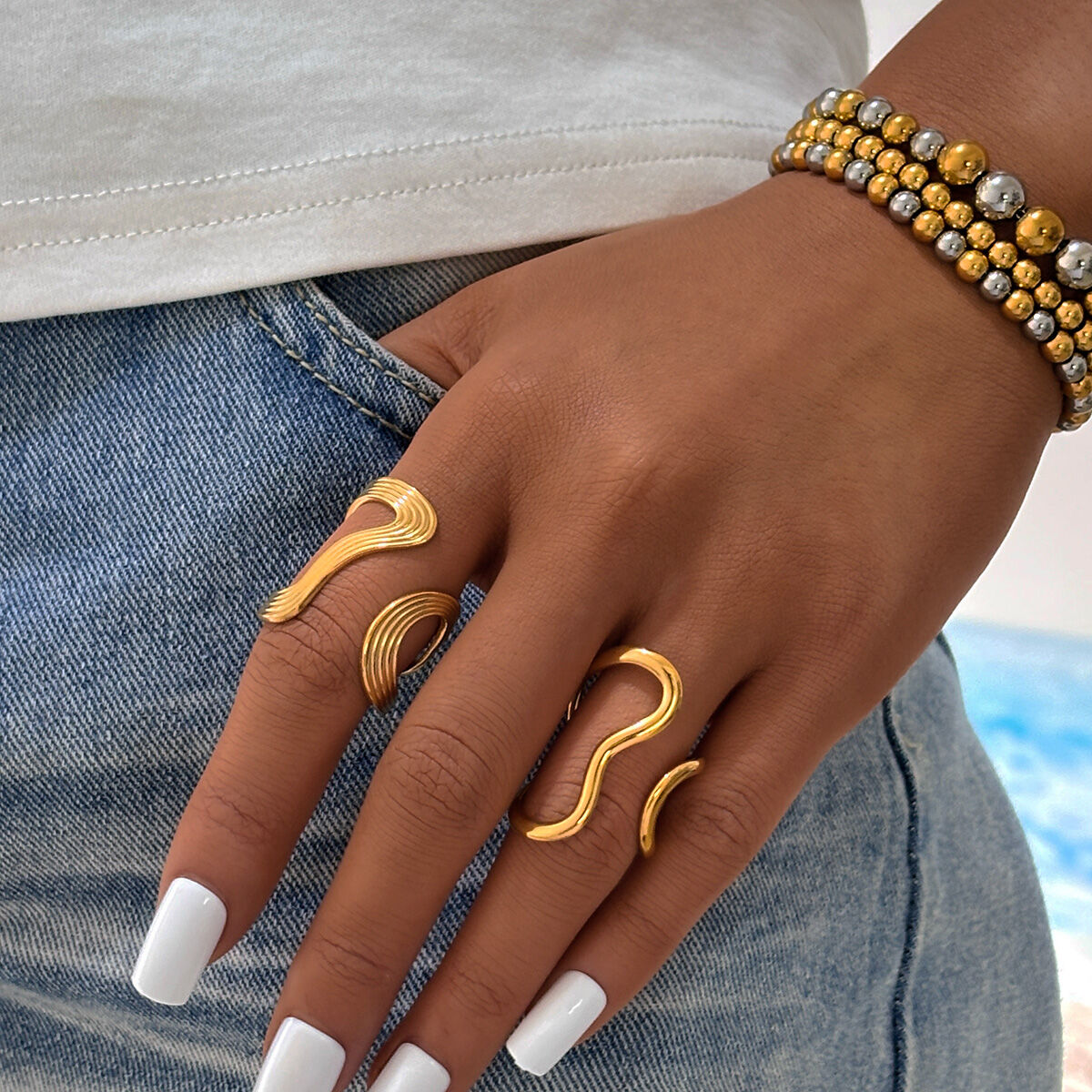 1 Piece  Casual Lines Stainless Steel Waterproof  Gold Color  Women's Statement Rings h5 Picture5