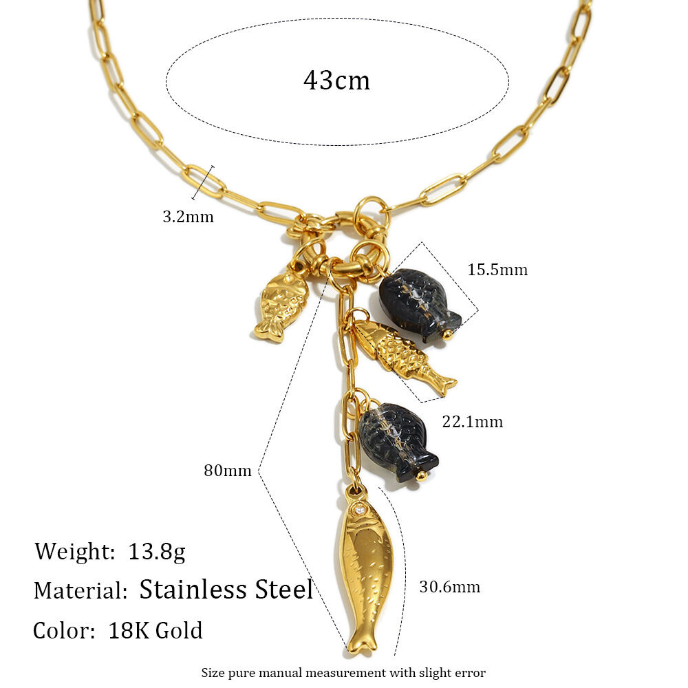 Collier pendentif femme romantique en acier inoxydable, couleur or, motif poisson (1 pièce) Image2