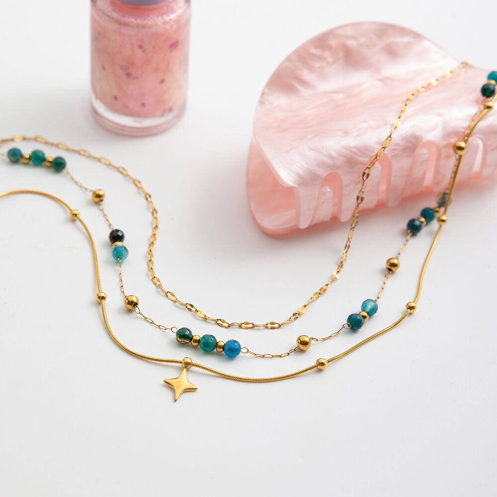 1 Piece Retro Beads Star Stainless Steel Waterproof Gold Color Women's Layered Necklaces Picture7