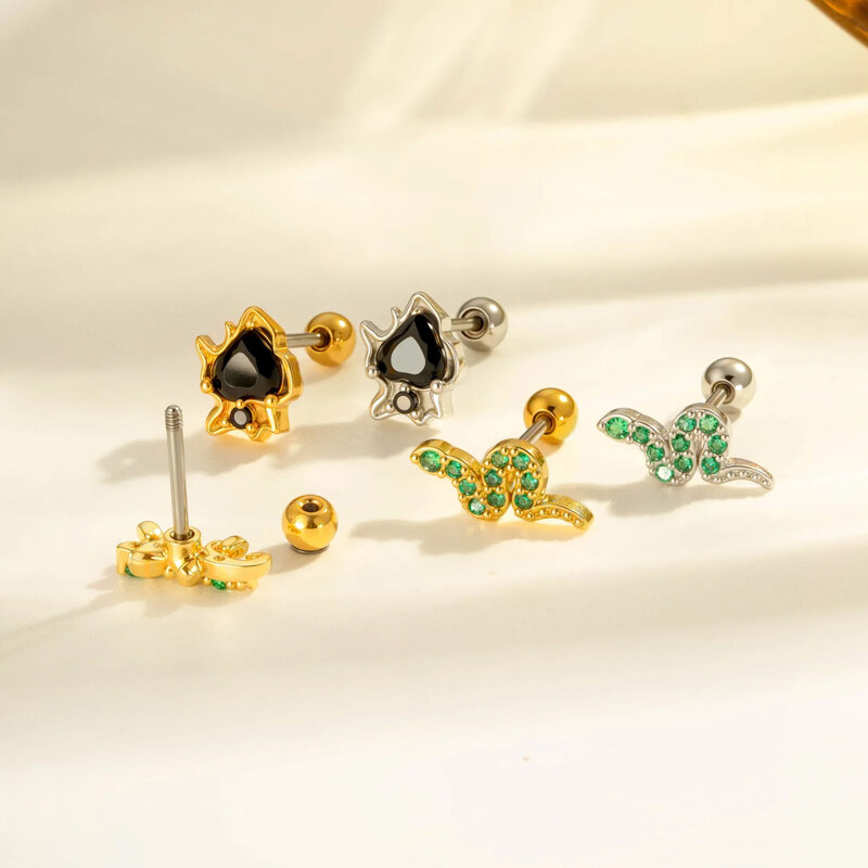 1 Parça Kalp Hayvan Bakır Altın Renkli Zirkonyum Piercing Küpe 2