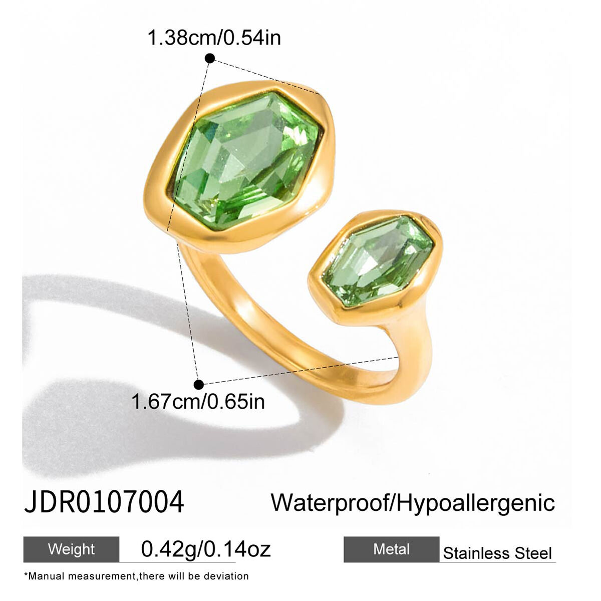 1 Stück sechseckiger, grüner Zirkonia-Ring aus Edelstahl, wasserdicht, goldfarben, Damen-Edelsteinring h5 Bild2