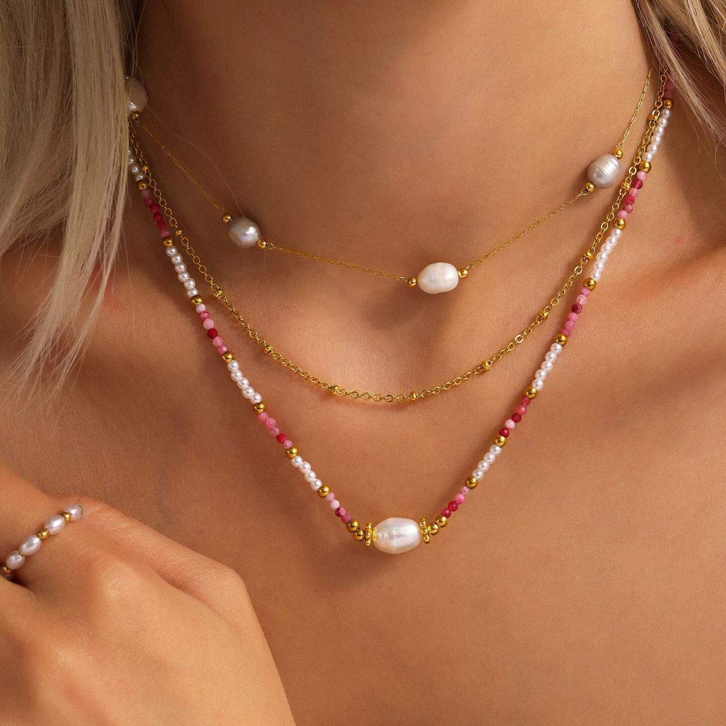 1 Piece Classic Stainless Steel Waterproof Gold Color Natural Stone Women's Beaded Necklaces
