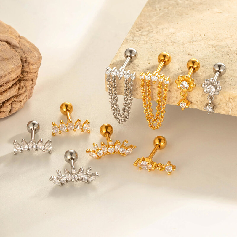 Boucle d'oreille piercing fleur cuivre or zircon 1 pièce