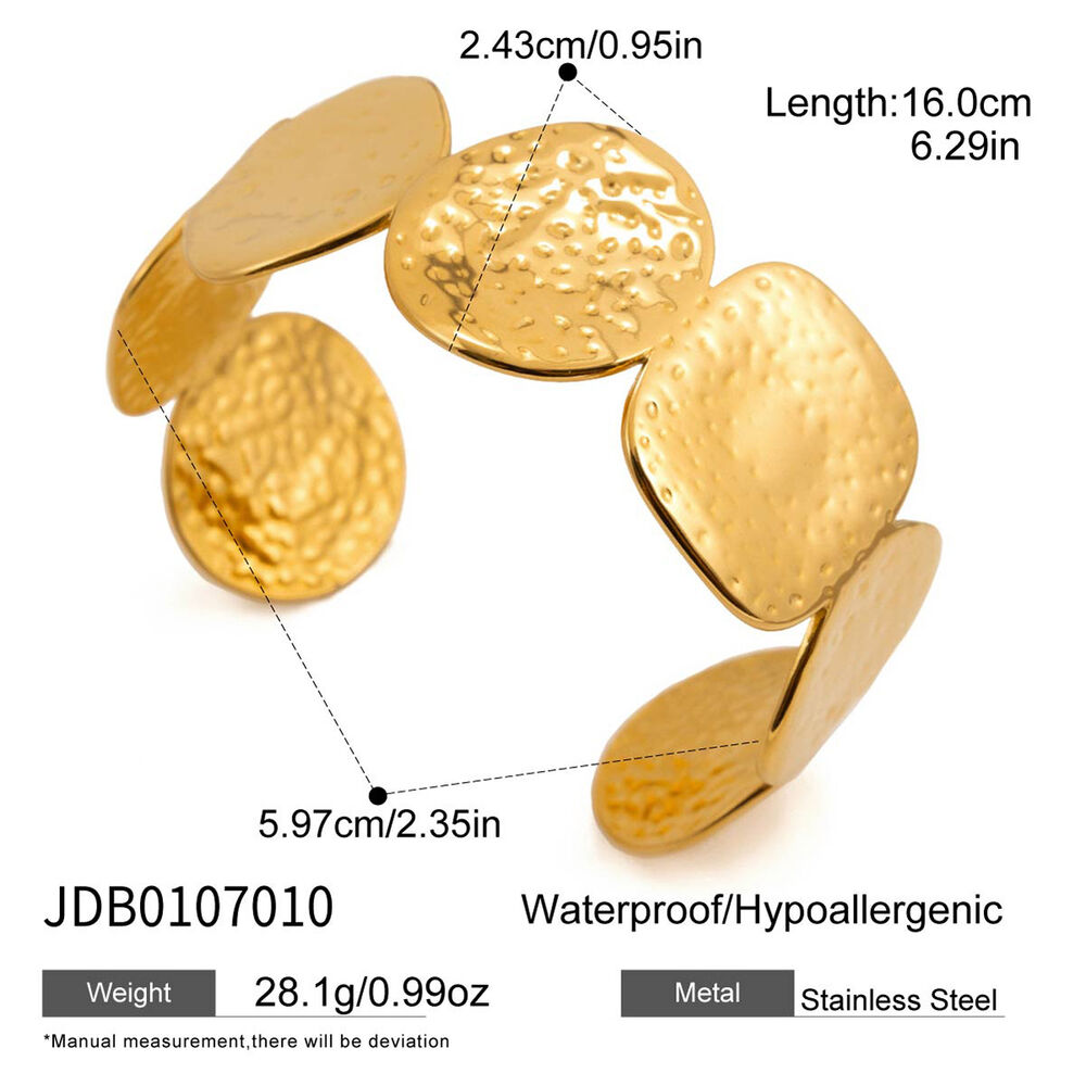 1 Piece Classic Circle Hammer Pattern Stainless Steel Waterproof Gold Color Women's Cuff Bracelets Picture2