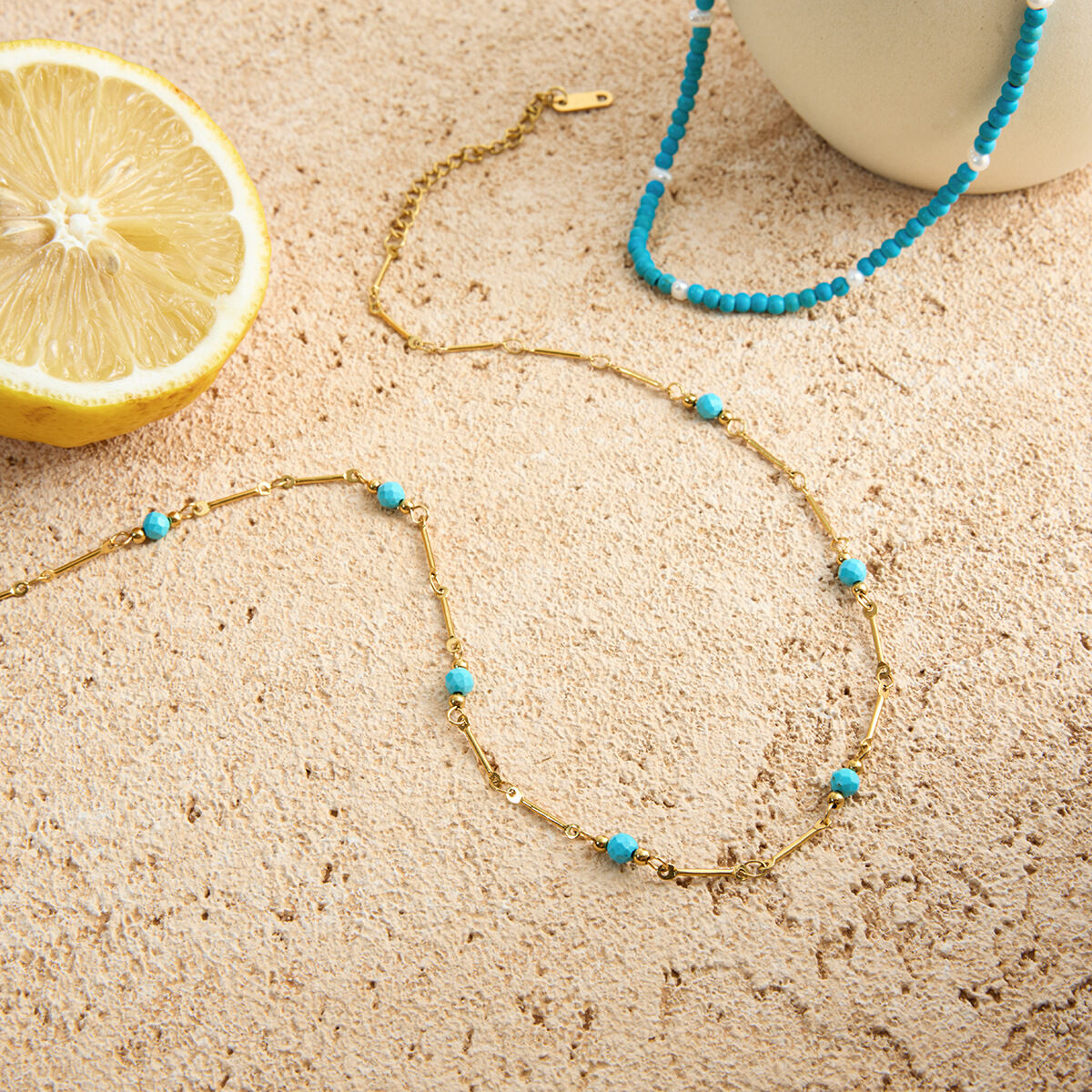Collier classique pour femme en acier inoxydable Calaite, couleur or, avec pierre naturelle et chaîne, 1 pièce h5 Image4