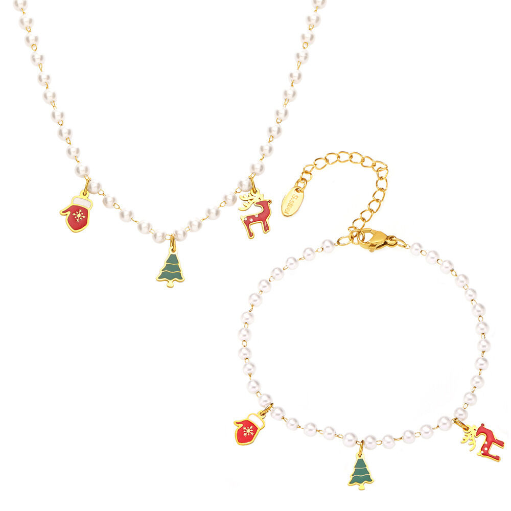 Lussuosi set di gioielli da donna in acciaio inossidabile color oro impermeabile con perle artificiali natalizie h5Immagine3
