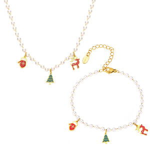 Lussuosi set di gioielli da donna in acciaio inossidabile color oro impermeabile con perle artificiali natalizie h5 Immagine3