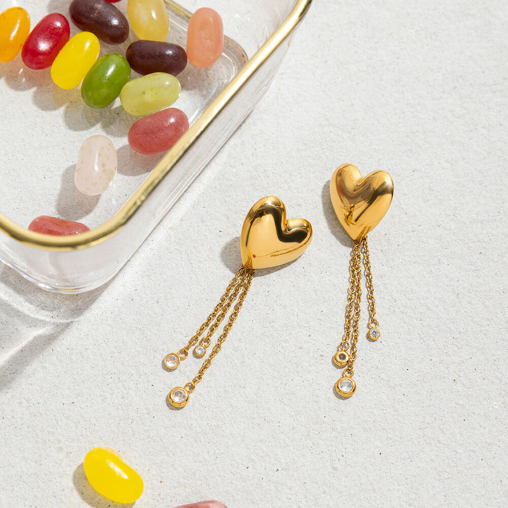 Boucles d'oreilles pendantes romantiques en forme de cœur avec pompon, en acier inoxydable étanche, couleur or, pour femme (1 paire). h5Image6