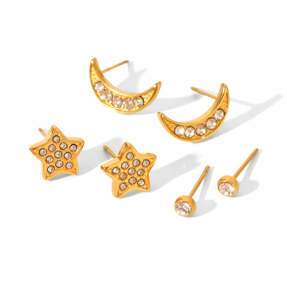 1 Set luxuriöse Stern-Mond-Ohrringe aus wasserdichtem Edelstahl in Goldfarbe mit Zirkonia für Damen h5 