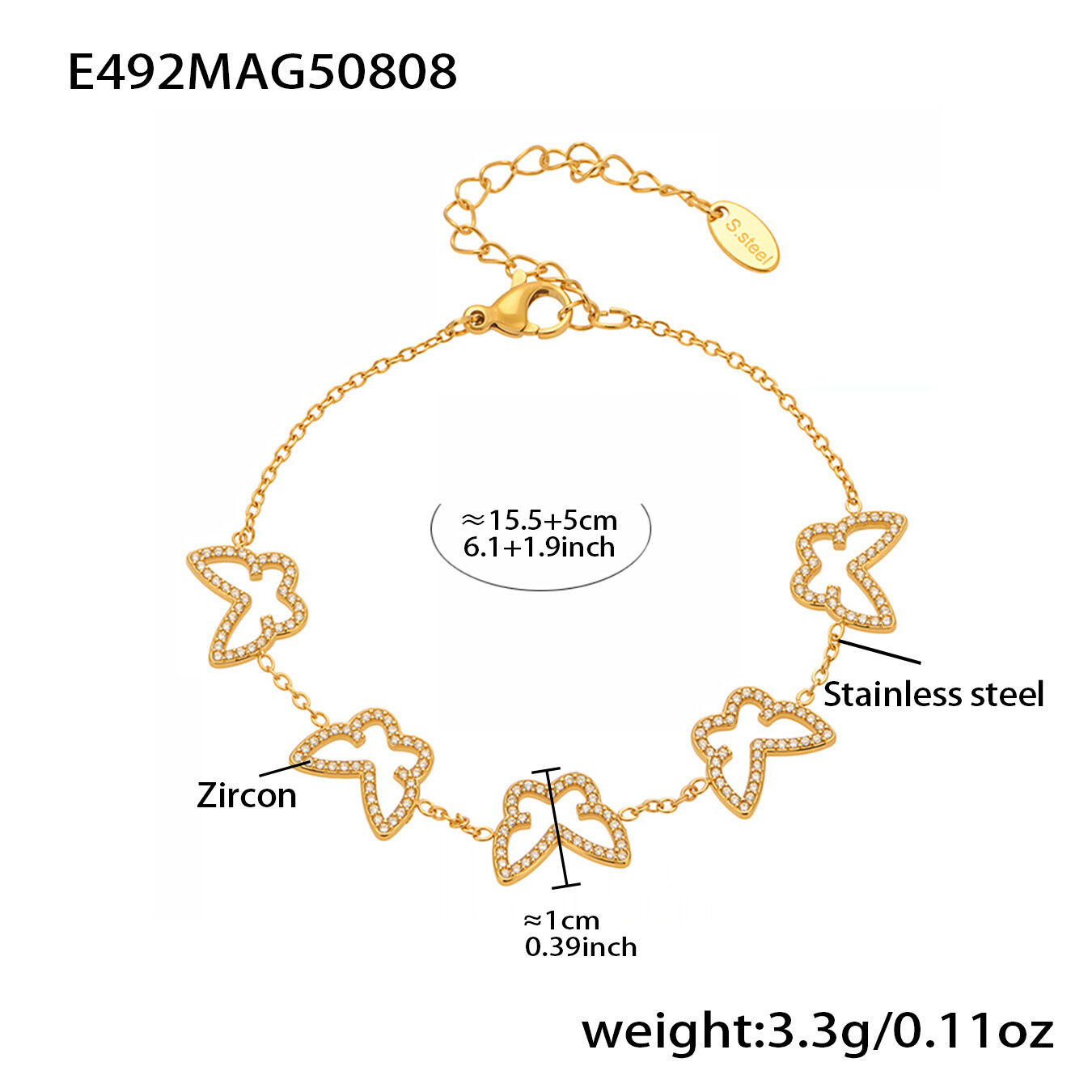 E492-Bracelet Papillon Doré 15+5cm Image2