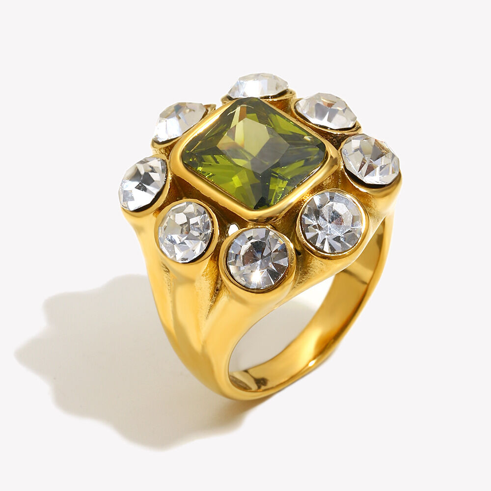 1 Piece Luxurious Rectangle Stainless Steel Waterproof Gold Color Zircon Women's Gemstone Rings h5 