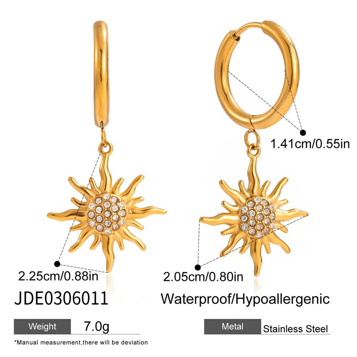 1 Pair Intricate Sun Stainless Steel Waterproof Gold Color Women's Drop Earrings h5 Picture2