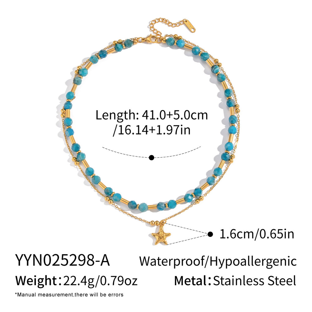 Collar de cuentas de piedra natural de color dorado, resistente al agua, de acero inoxidable, 1 pieza