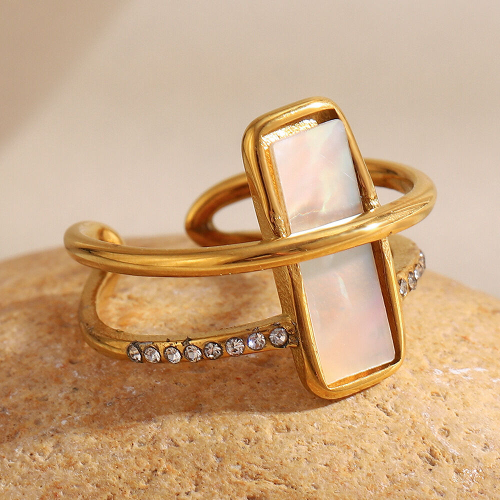1 Piece Elegant Rectangular Stainless Steel Waterproof Gold Color Shell Statement Rings Picture3