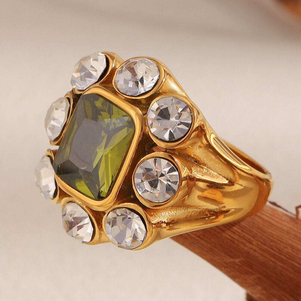1 Piece Luxurious Rectangle Stainless Steel Waterproof Gold Color Zircon Women's Gemstone Rings h5 Picture4