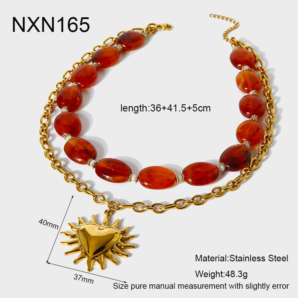 Retro Acrylic Beads Heart Charm Gold Color Necklace Set 
