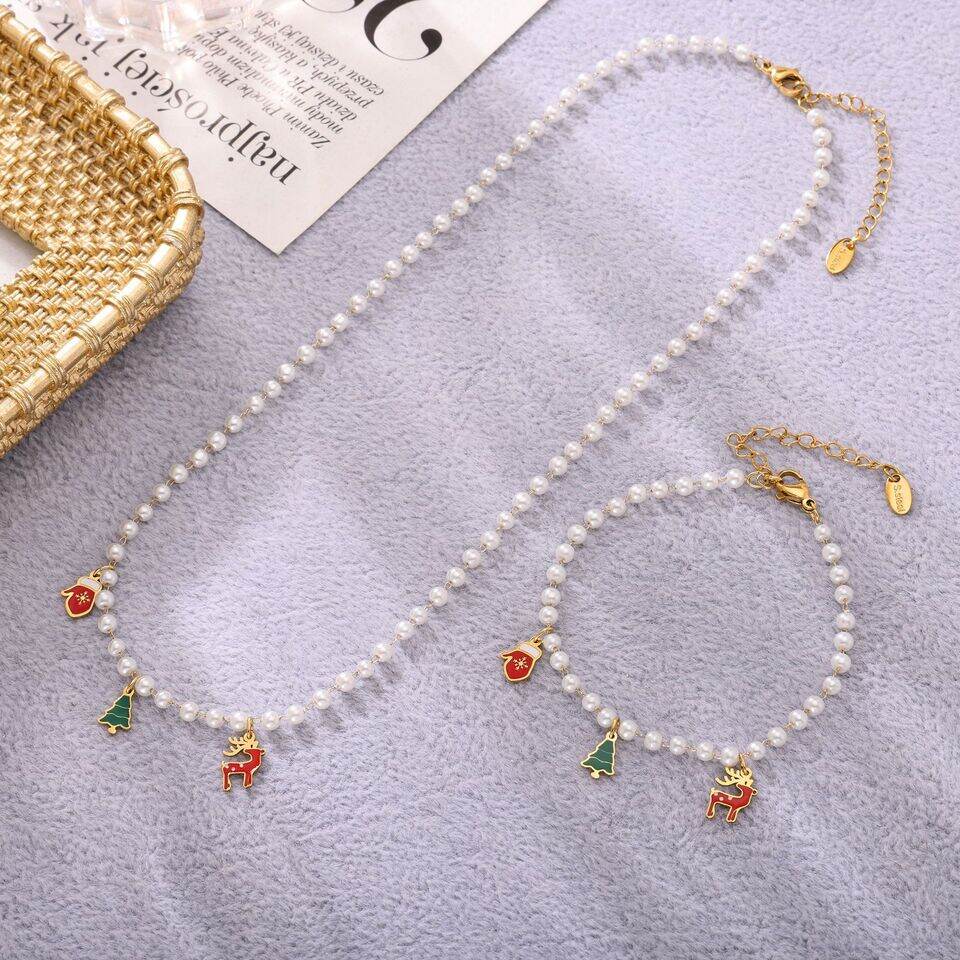 Lussuosi set di gioielli da donna in acciaio inossidabile color oro impermeabile con perle artificiali natalizie h5Immagine5