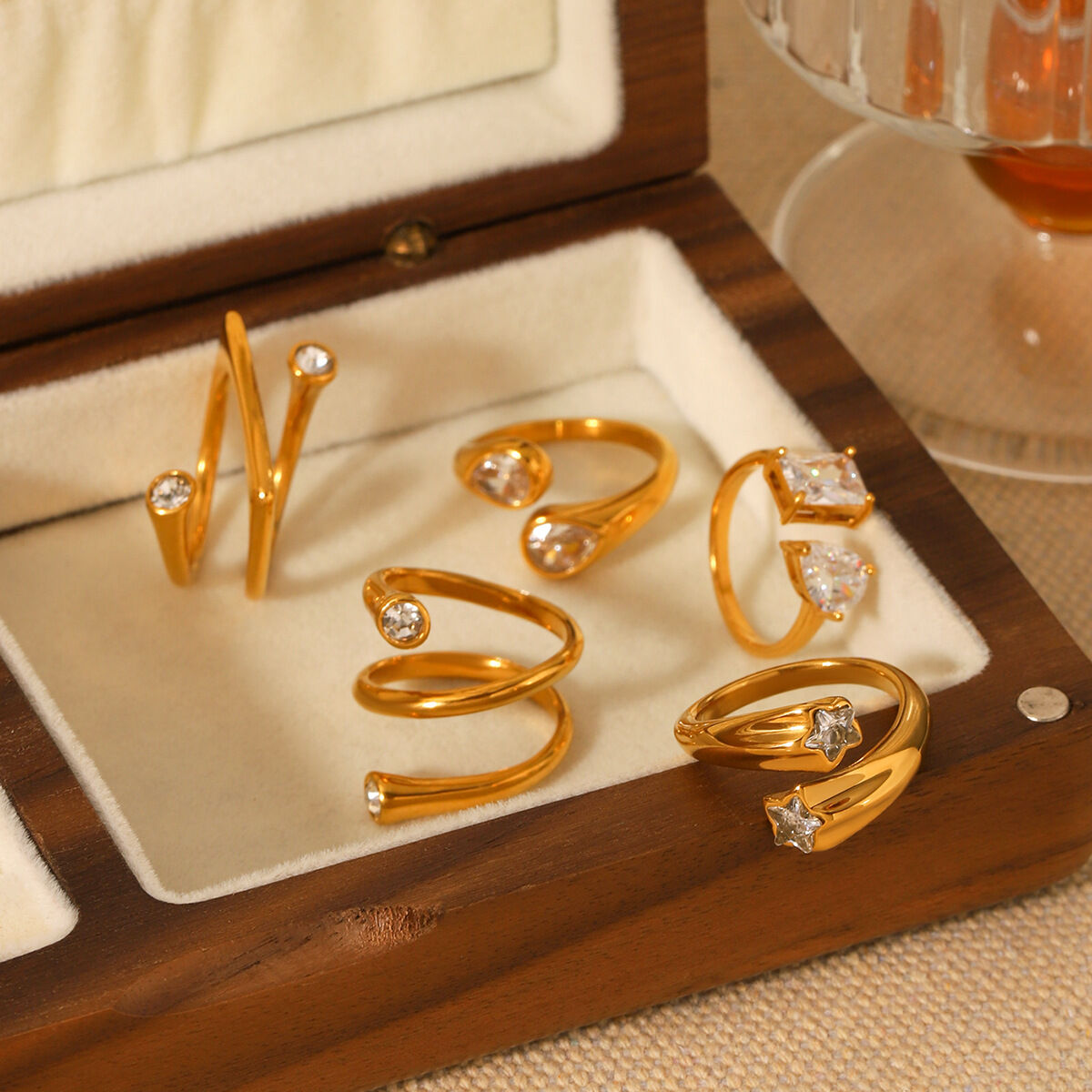 1 Piece Irregular Shape Stainless Steel Waterproof Gold Color Zircon Gemstone Ring h5 Picture5