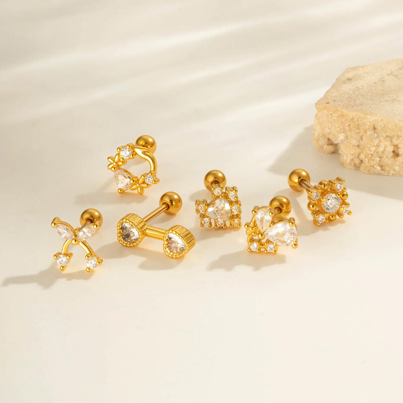 1 Piece Heart Bow Knot Copper Gold Color Zircon Piercing Earring