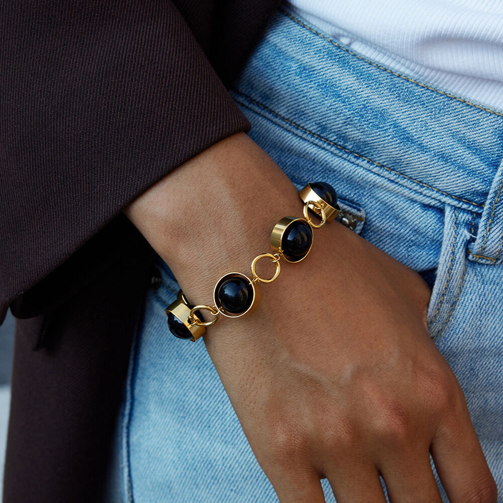 1 Piece Black Glass Beads Stainless Steel Waterproof Gold Color Women's Beaded Bracelets 2