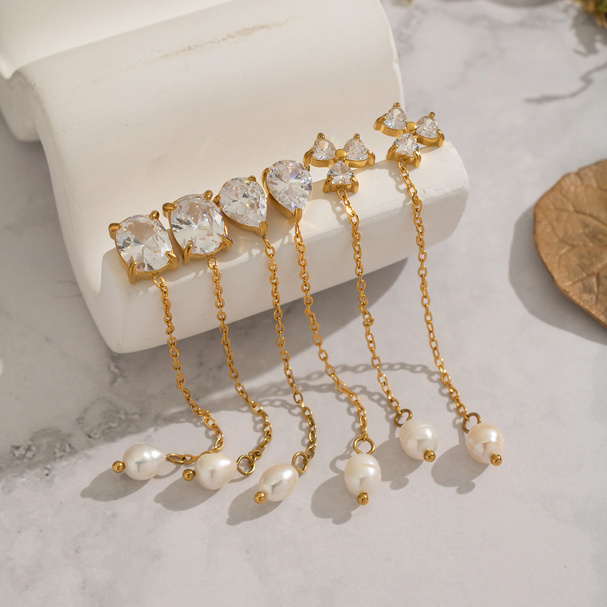 1 Pair Irregular Shape Stainless Steel Waterproof Gold Color Zircon Dangle Earrings h5 Picture2