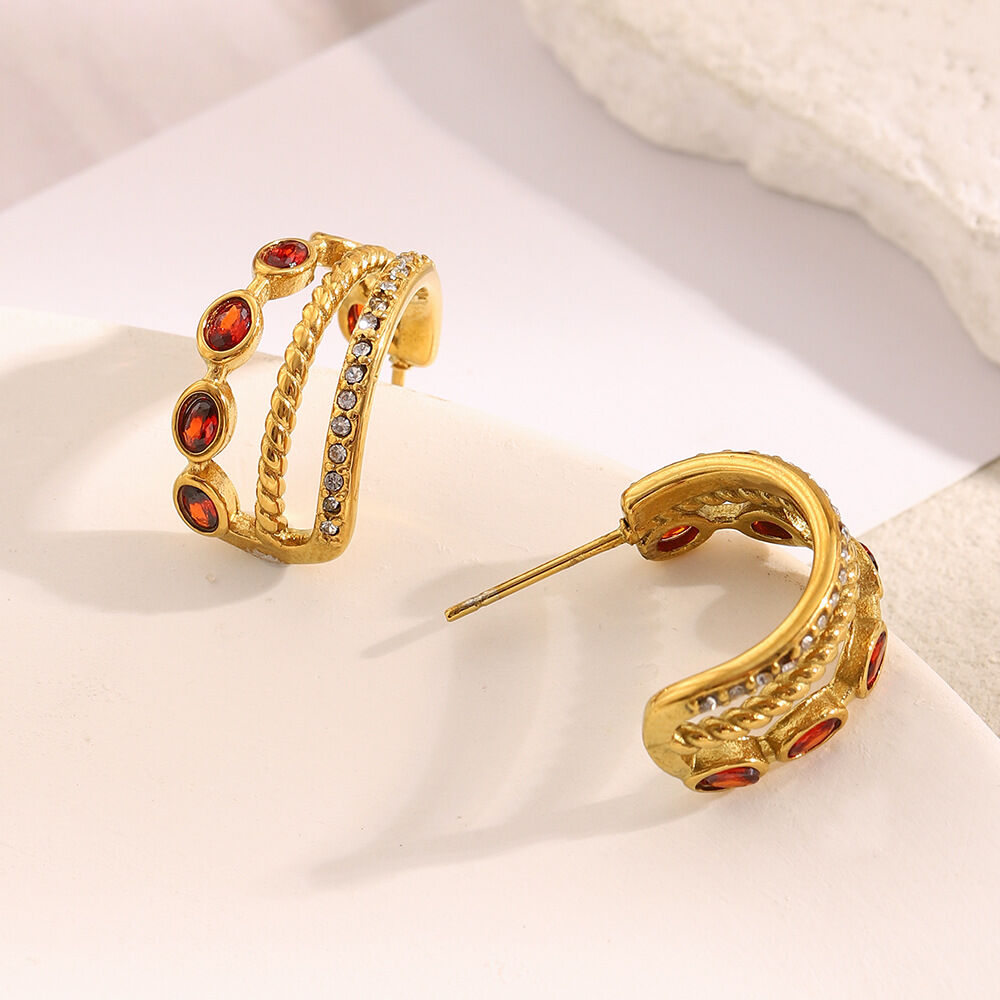 1 Pair Classic Stainless Steel Waterproof Gold Color Red Zircon Women's Hoop Earrings h5Picture4