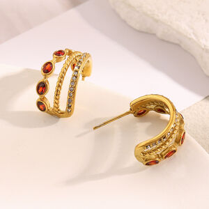 1 Pair Classic Stainless Steel Waterproof Gold Color Red Zircon Women's Hoop Earrings h5 Picture4